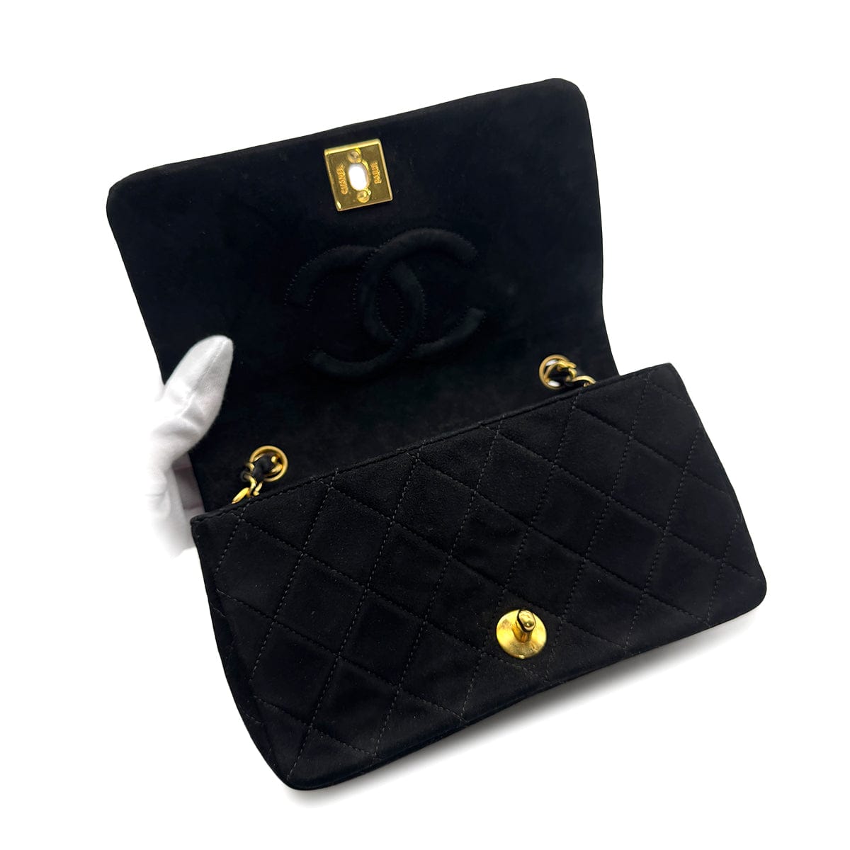 Luxury Promise Japan VINTAGE CHANEL MATELASSE CHAIN SHOULDER BAG BLACK SUEDE GOLD HARDWARE 90318520