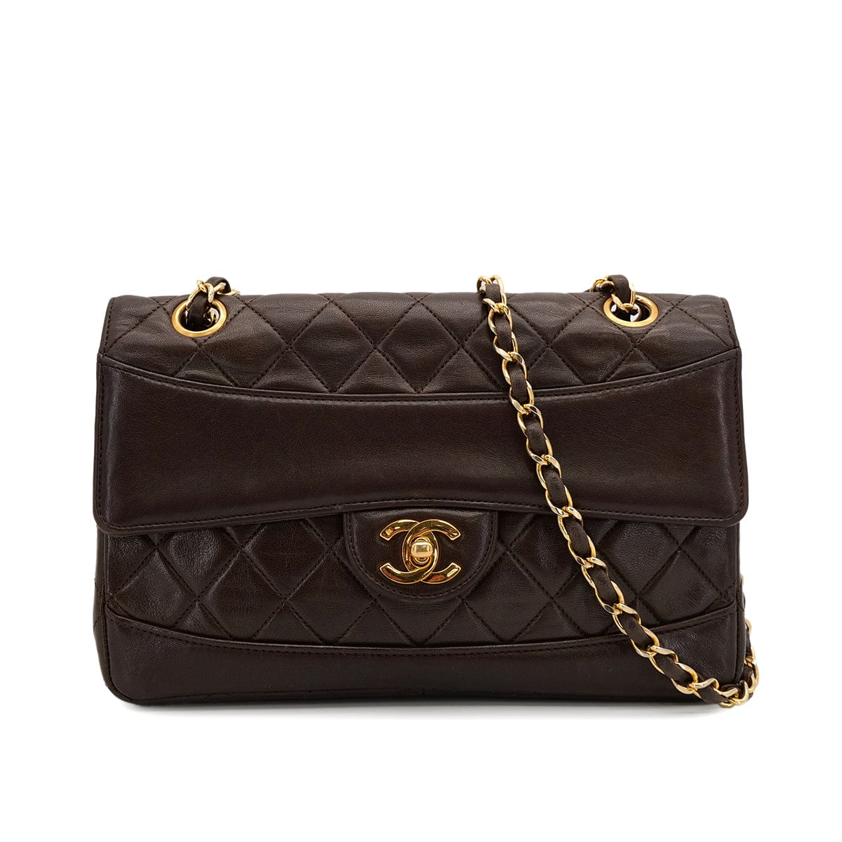 Luxury Promise Japan VINTAGE CHANEL MATELASSE CHAIN SHOULDER BAG BROWN LAMB SKIN GOLD HARDWARE 90310345