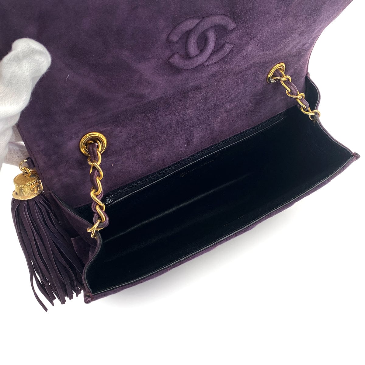Luxury Promise Japan VINTAGE CHANEL MATELASSE CHAIN SHOULDER BAG FRINGE PURPLE SUEDE GOLD HARDWARE 90311295