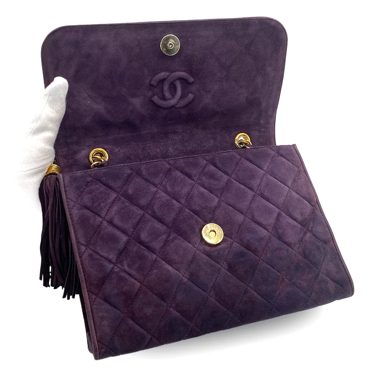 Luxury Promise Japan VINTAGE CHANEL MATELASSE CHAIN SHOULDER BAG FRINGE PURPLE SUEDE GOLD HARDWARE 90311295