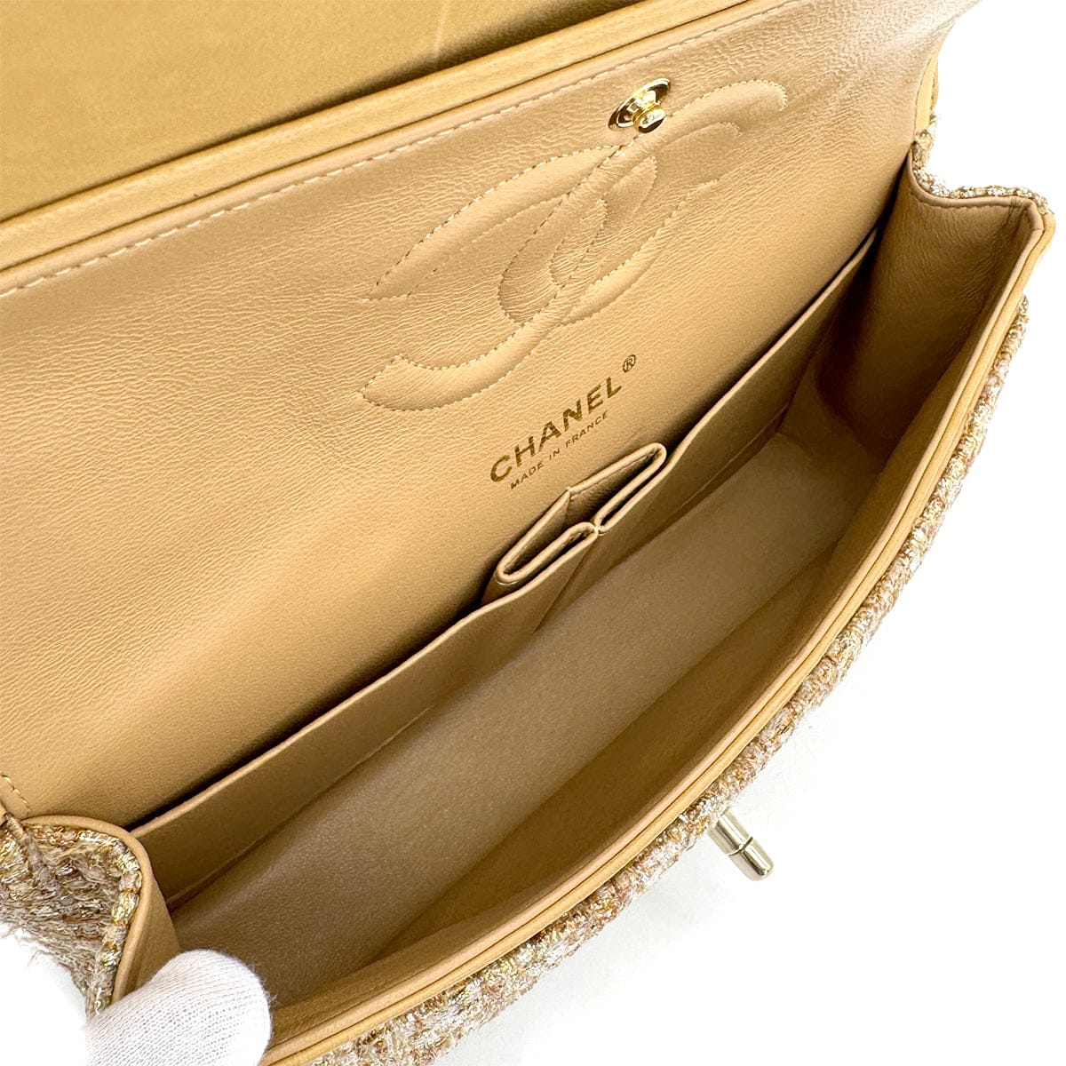 Luxury Promise Japan VINTAGE CHANEL MATELASSE CHAIN SHOULDER BAG GOLD YELLOW TWEED GOLD HARDWARE 90322175