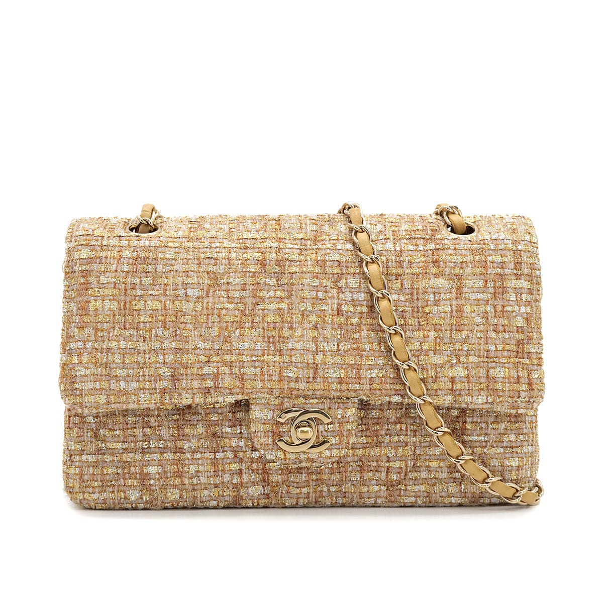 Luxury Promise Japan VINTAGE CHANEL MATELASSE CHAIN SHOULDER BAG GOLD YELLOW TWEED GOLD HARDWARE 90322175