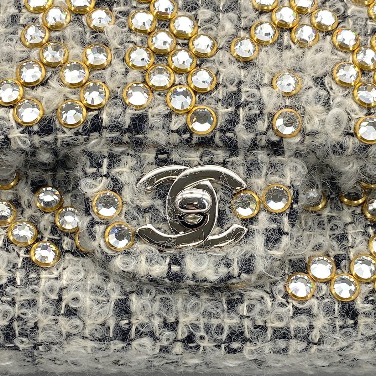 Luxury Promise Japan VINTAGE CHANEL MATELASSE CHAIN SHOULDER BAG GRAY RHINESTONE TWEED SILVER HARDWARE 90318186
