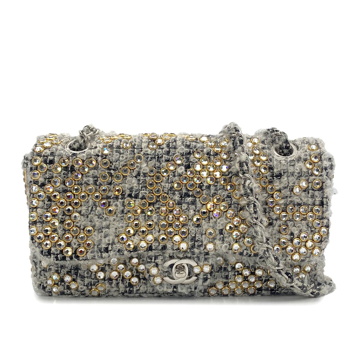 Luxury Promise Japan VINTAGE CHANEL MATELASSE CHAIN SHOULDER BAG GRAY RHINESTONE TWEED SILVER HARDWARE 90318186