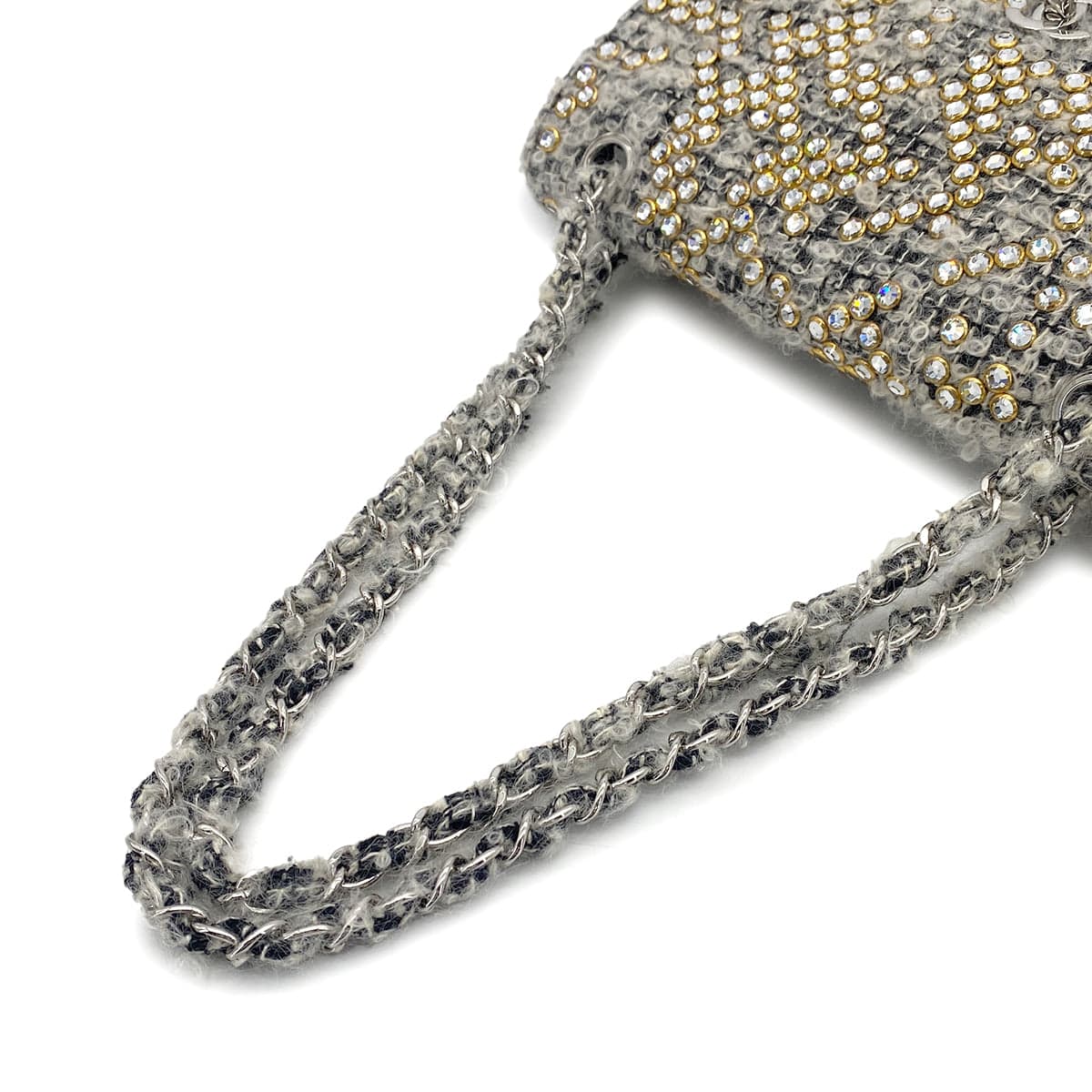 Luxury Promise Japan VINTAGE CHANEL MATELASSE CHAIN SHOULDER BAG GRAY RHINESTONE TWEED SILVER HARDWARE 90318186