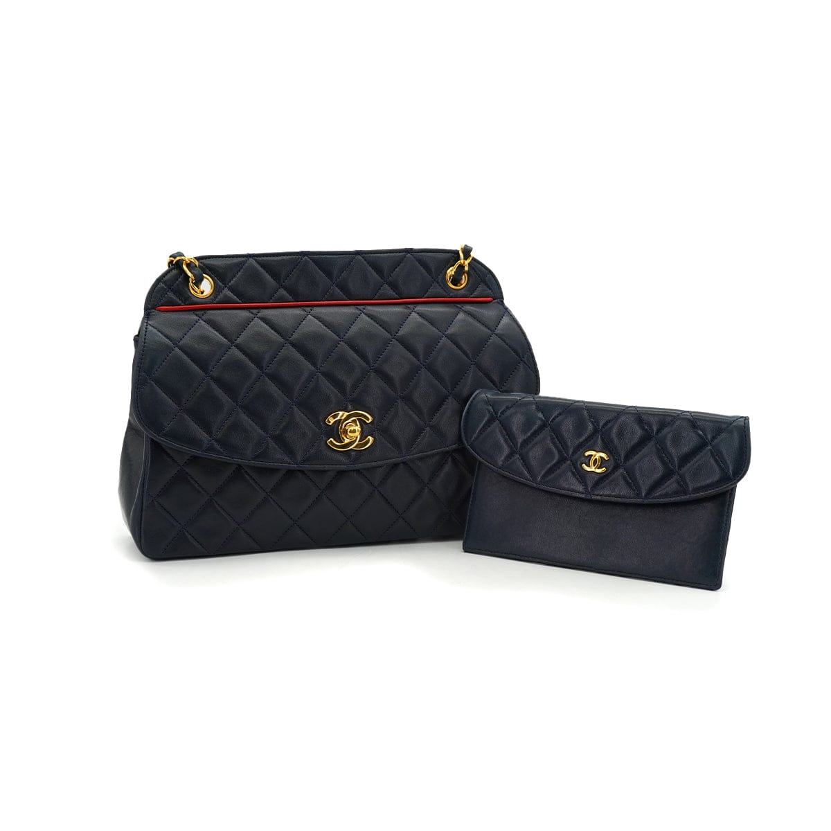 Luxury Promise Japan VINTAGE CHANEL MATELASSE CHAIN SHOULDER BAG NAVY LAMB SKIN GOLD HARDWARE 90340509