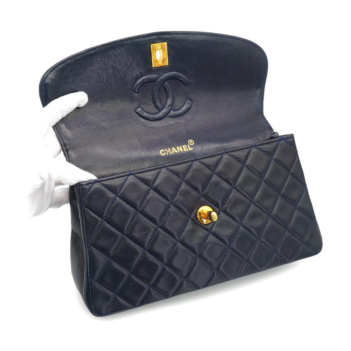 Luxury Promise Japan VINTAGE CHANEL MATELASSE CHAIN SHOULDER BAG NAVY LAMB SKIN GOLD HARDWARE 90340509