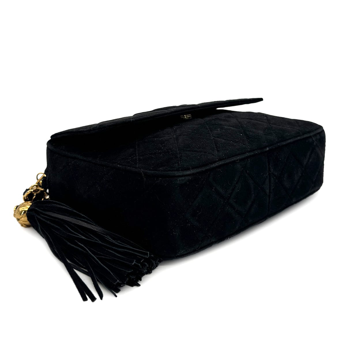 Luxury Promise Japan VINTAGE CHANEL MATELASSE FRINGE CHAIN SHOULDER BAG BLACK SUEDE GOLD HARDWARE 90317772