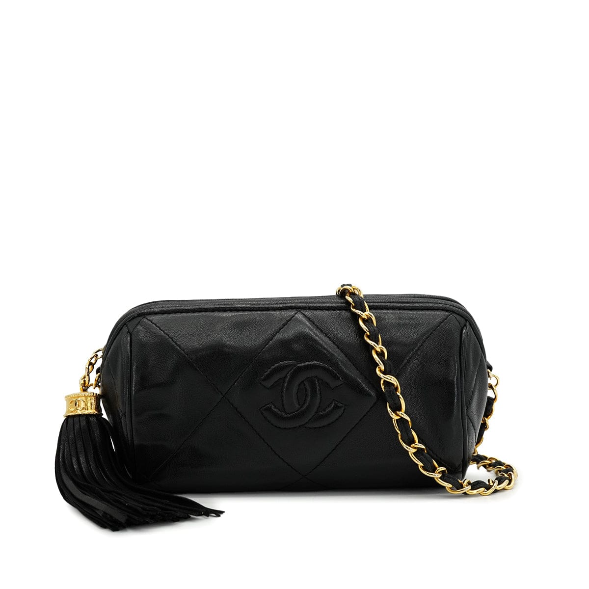 Luxury Promise Japan VINTAGE CHANEL MATELASSE FRINGE CHAIN SHUOLDER BAG BLACK LAMB SKIN GOLD HARDWARE 90327090