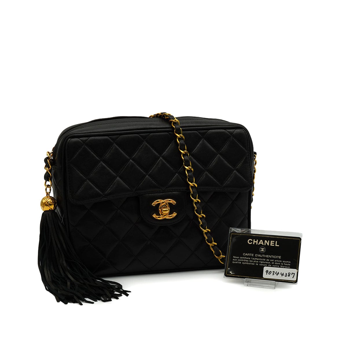 Luxury Promise Japan VINTAGE CHANEL MATELASSE FRINGE CHAIN SHUOLDER BAG BLACK LAMB SKIN GOLD HARDWARE 90344387