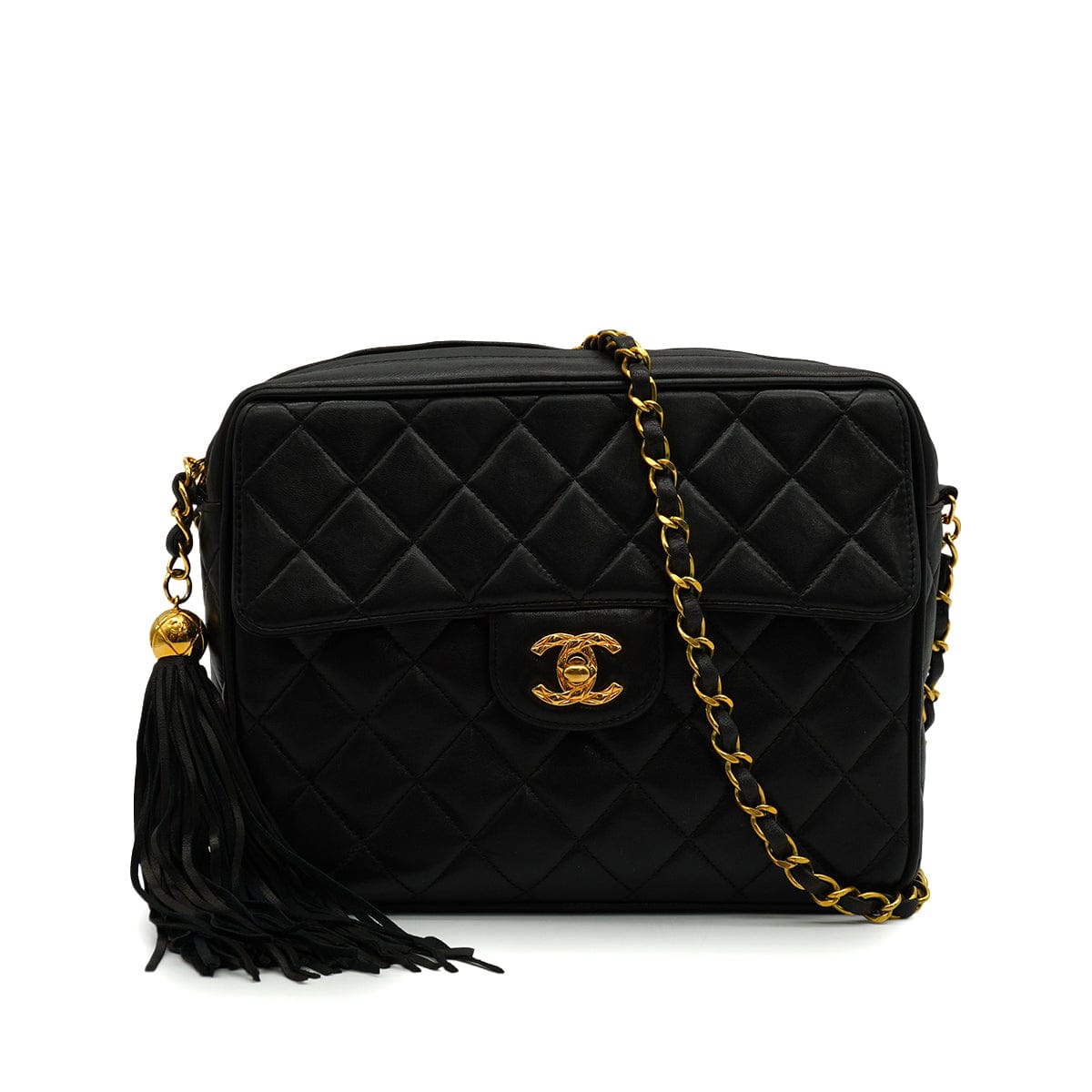 Luxury Promise Japan VINTAGE CHANEL MATELASSE FRINGE CHAIN SHUOLDER BAG BLACK LAMB SKIN GOLD HARDWARE 90344387