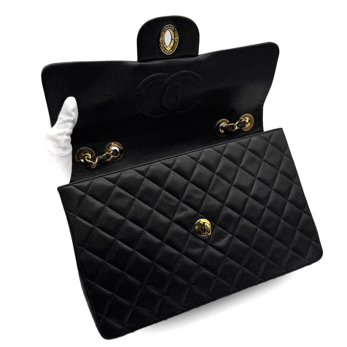 Luxury Promise Japan VINTAGE CHANEL MAXI MATELASSE 34 CHAIN SHOULDER BAG BLACK LAMB SKIN GOLD HARDWARE 90313536
