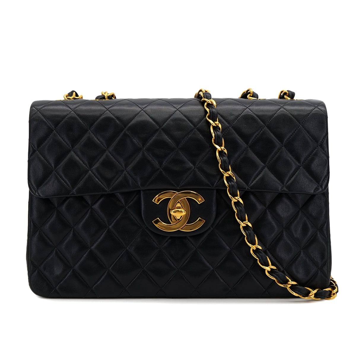 Luxury Promise Japan VINTAGE CHANEL MAXI MATELASSE 34 CHAIN SHOULDER BAG BLACK LAMB SKIN GOLD HARDWARE 90323455