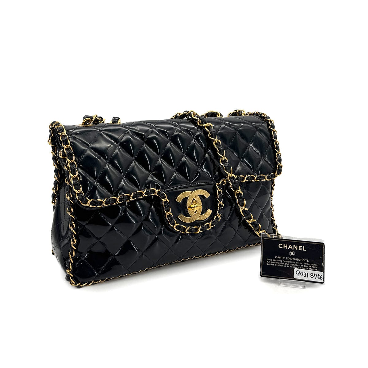 Luxury Promise Japan VINTAGE CHANEL MAXI MATELASSE 34 CHAIN SHOULDER BAG BLACK PATENT LEATHER GOLD HARDWARE 90318756