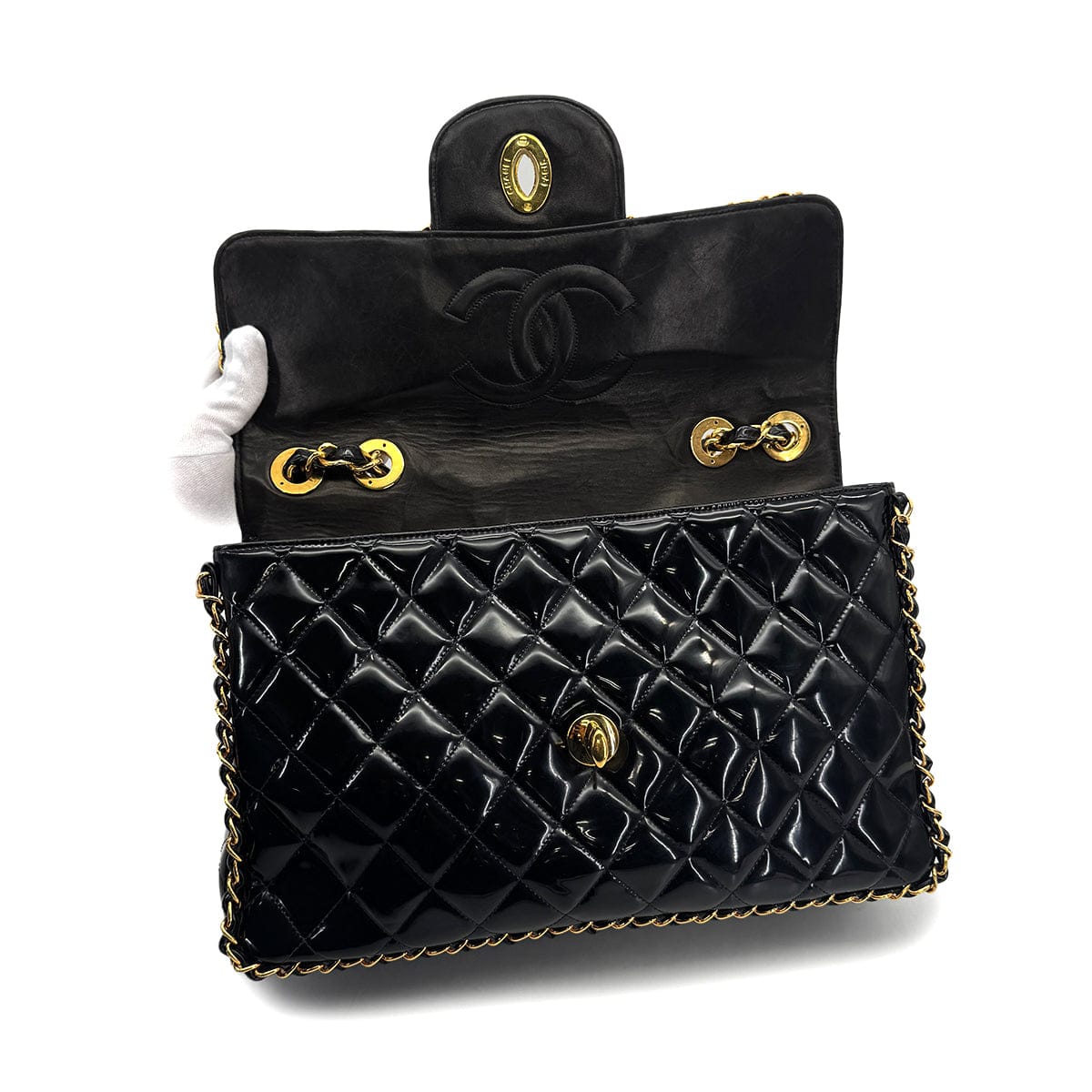 Luxury Promise Japan VINTAGE CHANEL MAXI MATELASSE 34 CHAIN SHOULDER BAG BLACK PATENT LEATHER GOLD HARDWARE 90318756