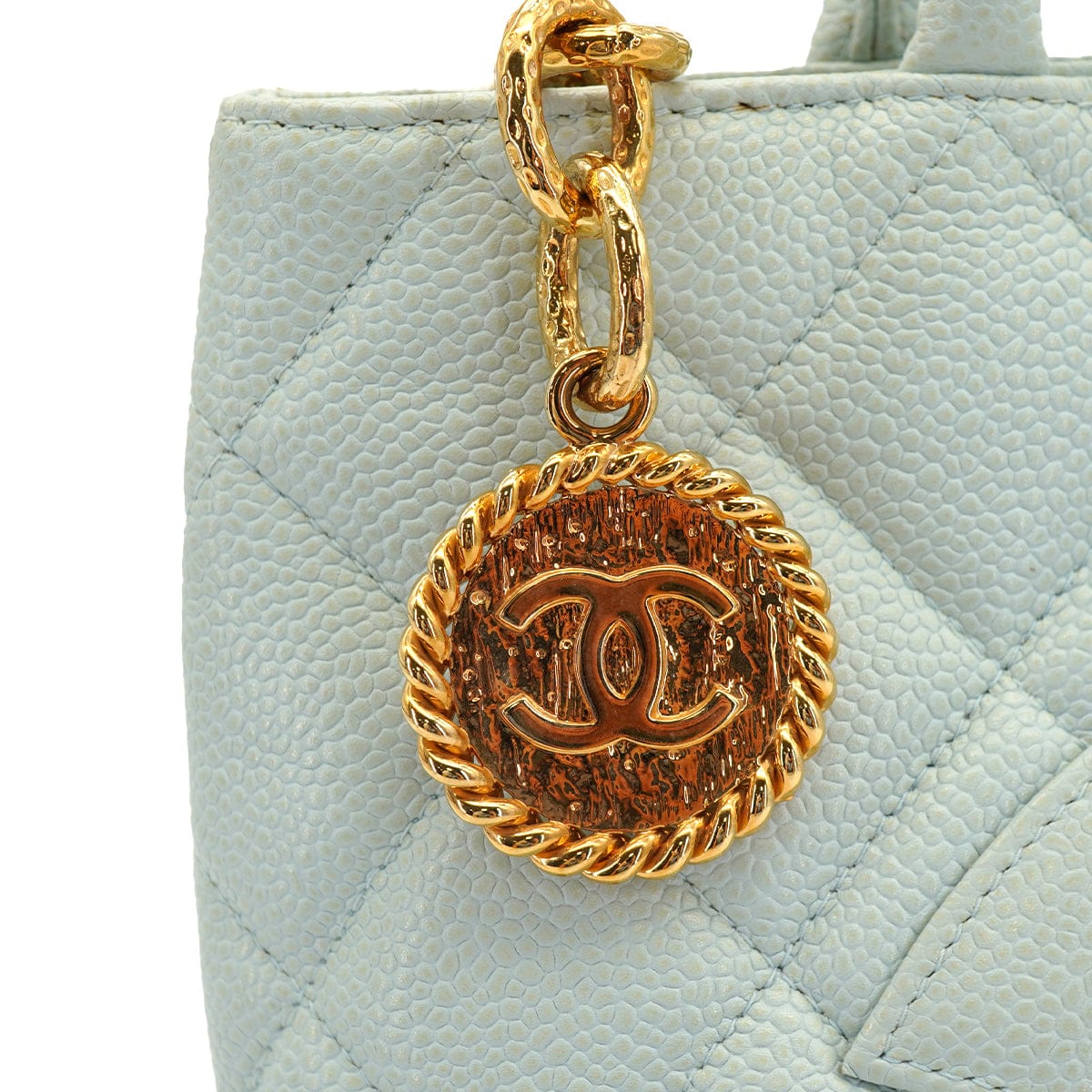 Luxury Promise Japan VINTAGE CHANEL MEDALLION TOTE BAG LIGHT BLUE CAVIAR SKIN GOLD HARDWARE 90335496