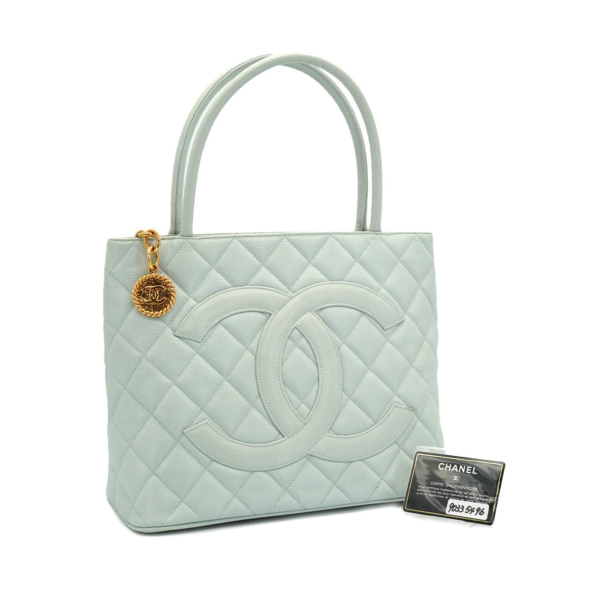 Luxury Promise Japan VINTAGE CHANEL MEDALLION TOTE BAG LIGHT BLUE CAVIAR SKIN GOLD HARDWARE 90335496