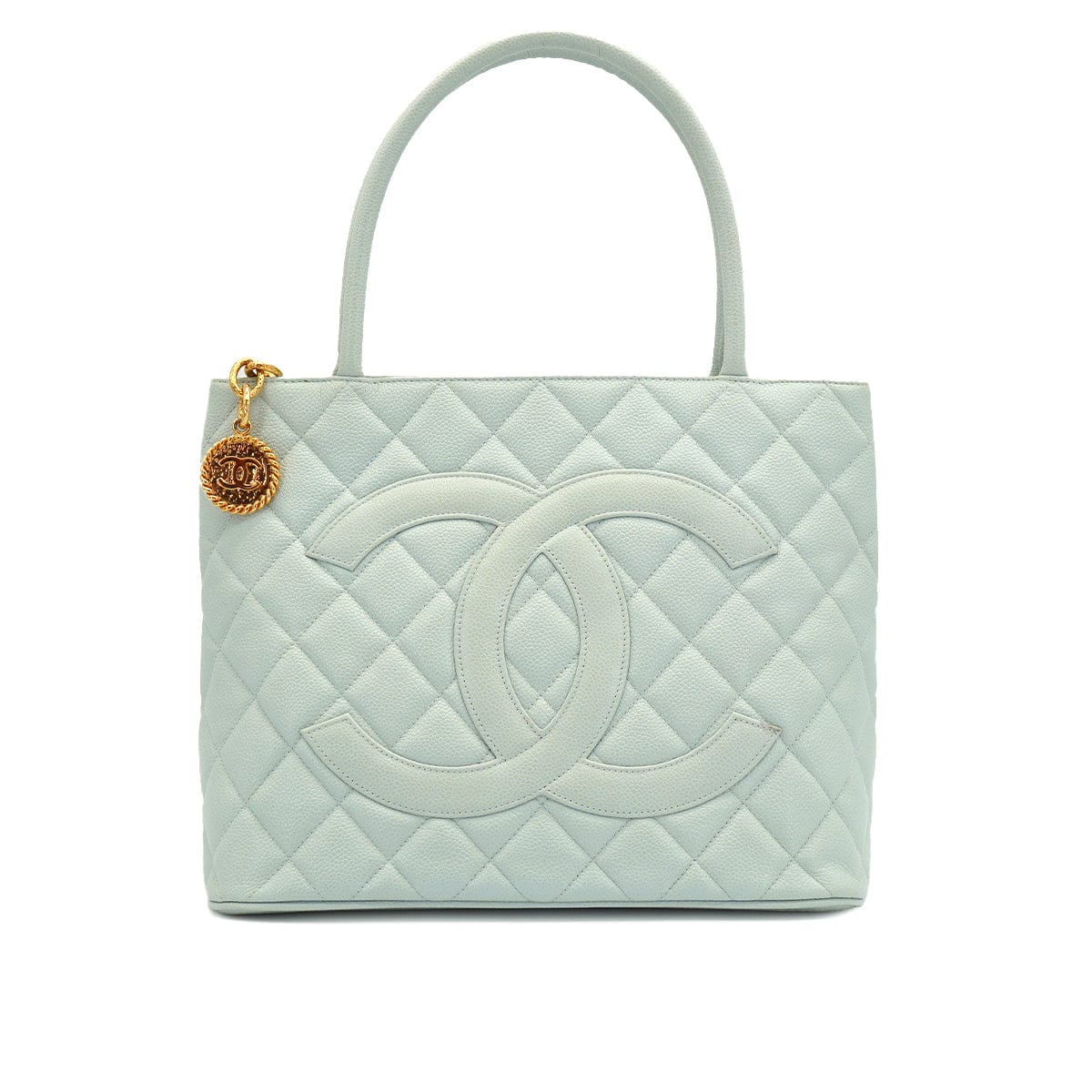 Luxury Promise Japan VINTAGE CHANEL MEDALLION TOTE BAG LIGHT BLUE CAVIAR SKIN GOLD HARDWARE 90335496