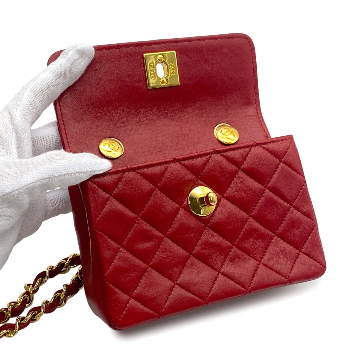 Luxury Promise Japan VINTAGE CHANEL MINI MATELASSE CHAIN SHOULDER BAG RED LAMB SKIN GOLD HARDWARE 90325272
