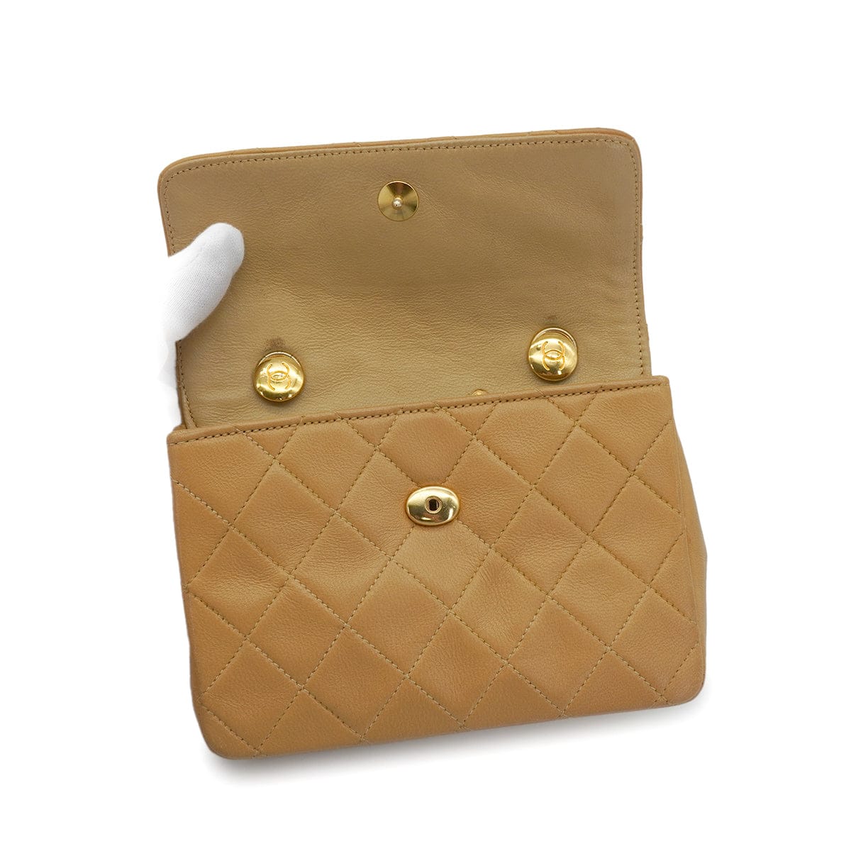 Luxury Promise Japan VINTAGE CHANEL MINI MATELLASSE MOTIF CHAIN SHOULDER BAG BEIGE LAMB SKIN GOLD HARDWARE 90345509