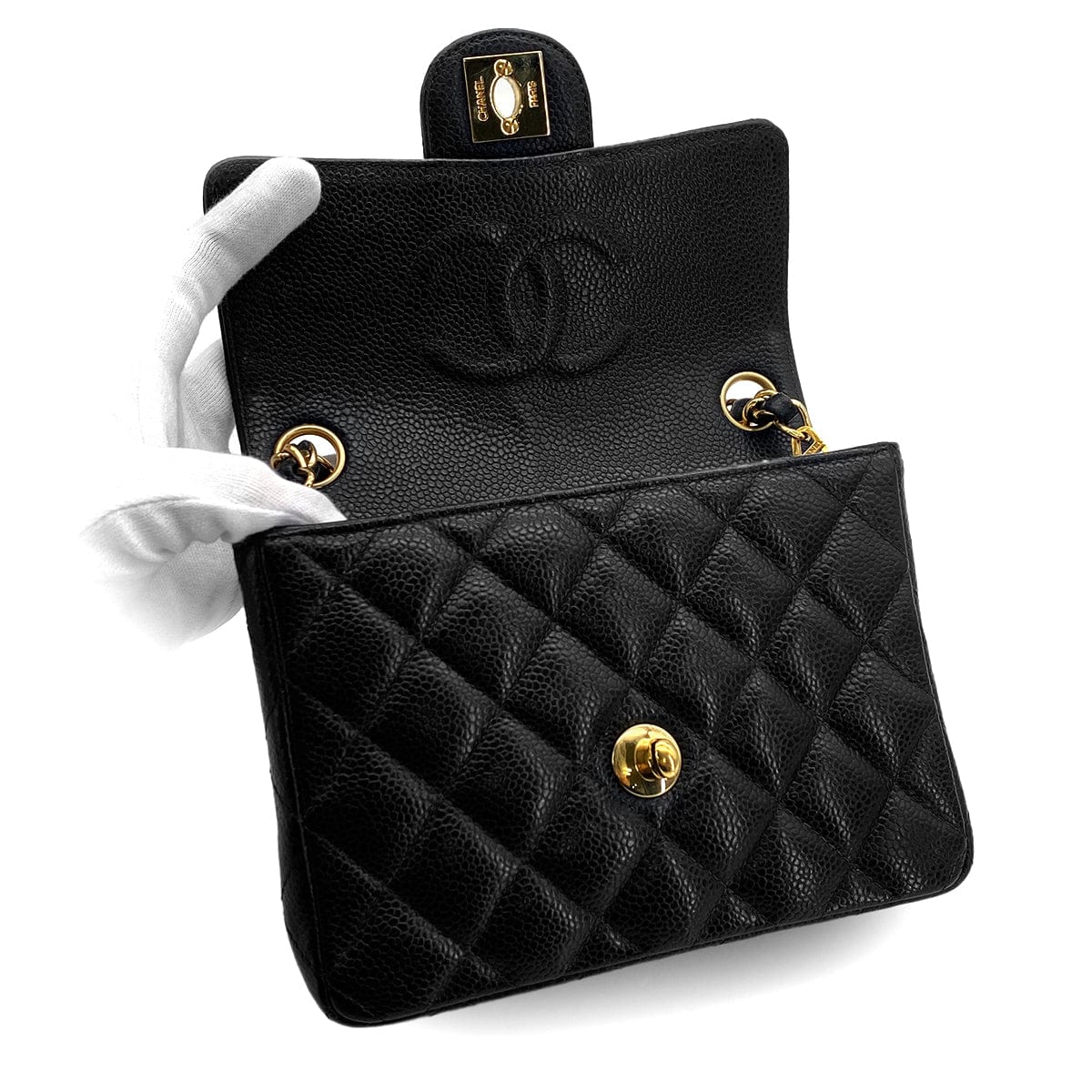 Luxury Promise Japan VINTAGE CHANEL MINI SQUARE 17 CHAIN SHOULDER BAG BLACK CAVIAR SKIN GOLD HARDWARE 90322283