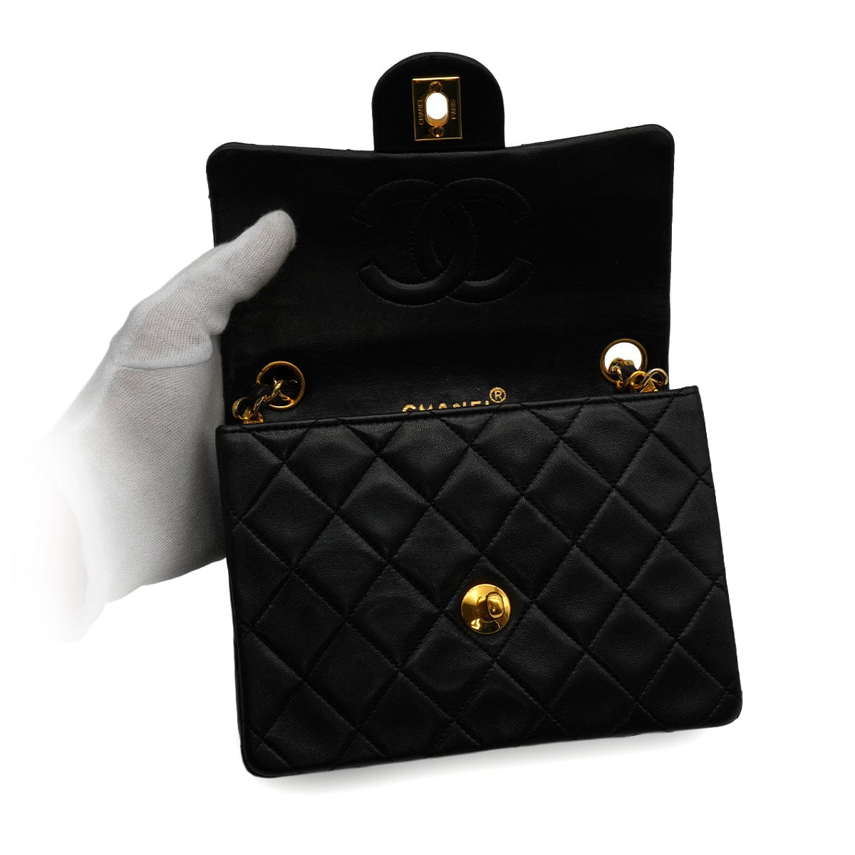 Luxury Promise Japan VINTAGE CHANEL MINI SQUARE 17 CHAIN SHOULDER BAG BLACK LAMB SKIN GOLD HARDWARE 90343923