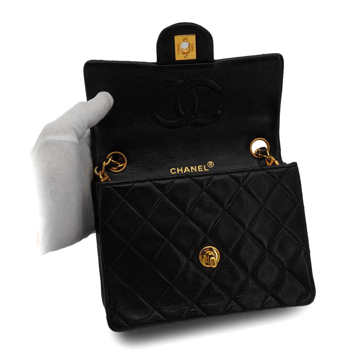 Luxury Promise Japan VINTAGE CHANEL MINI SQUARE 17 CHAIN SHOULDER BAG BLACK LAMB SKIN GOLD HARDWARE 90346681