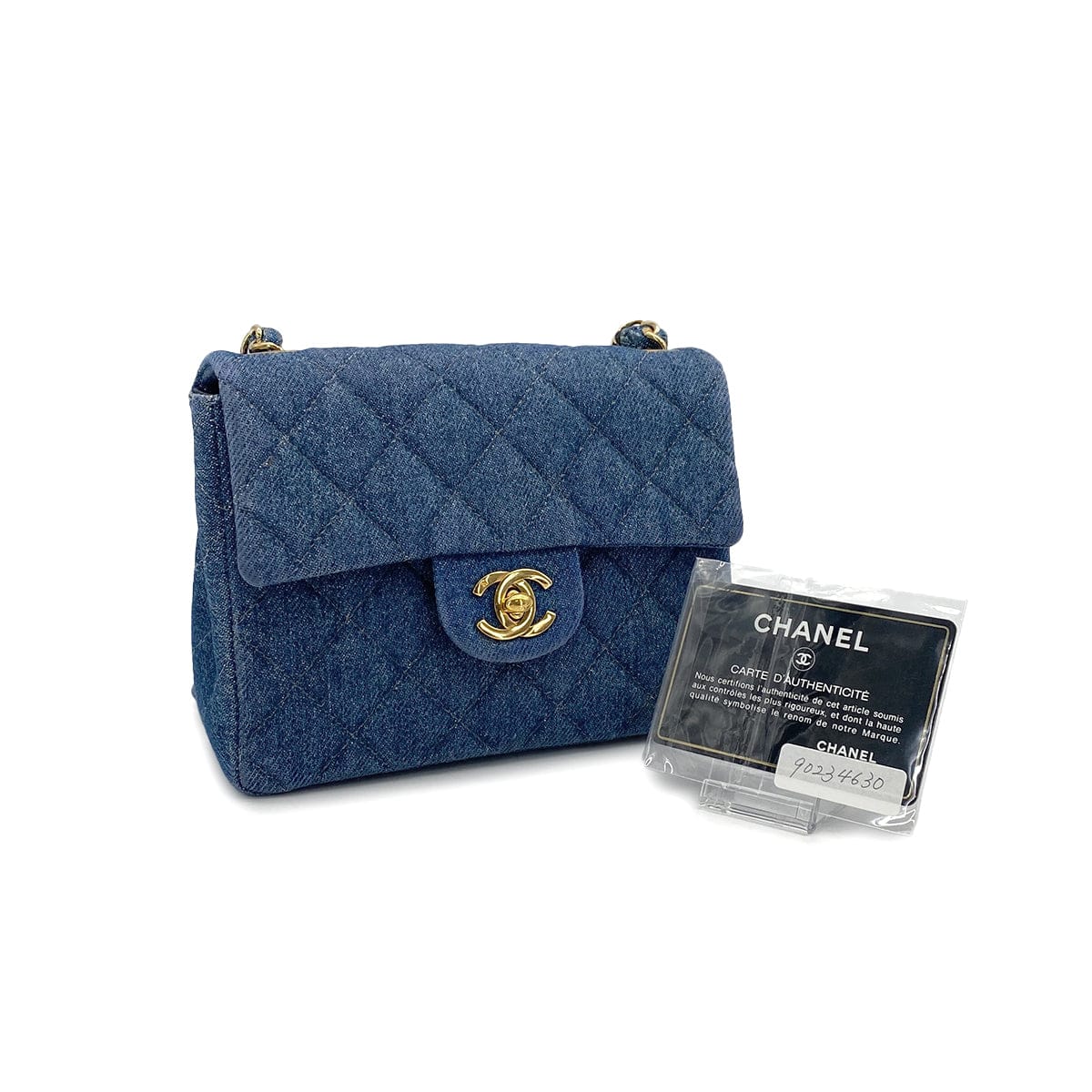Luxury Promise Japan VINTAGE CHANEL MINI SQUARE 17 CHAIN SHOULDER BAG BLUE DENIM GOLD HARDWAR 90234630