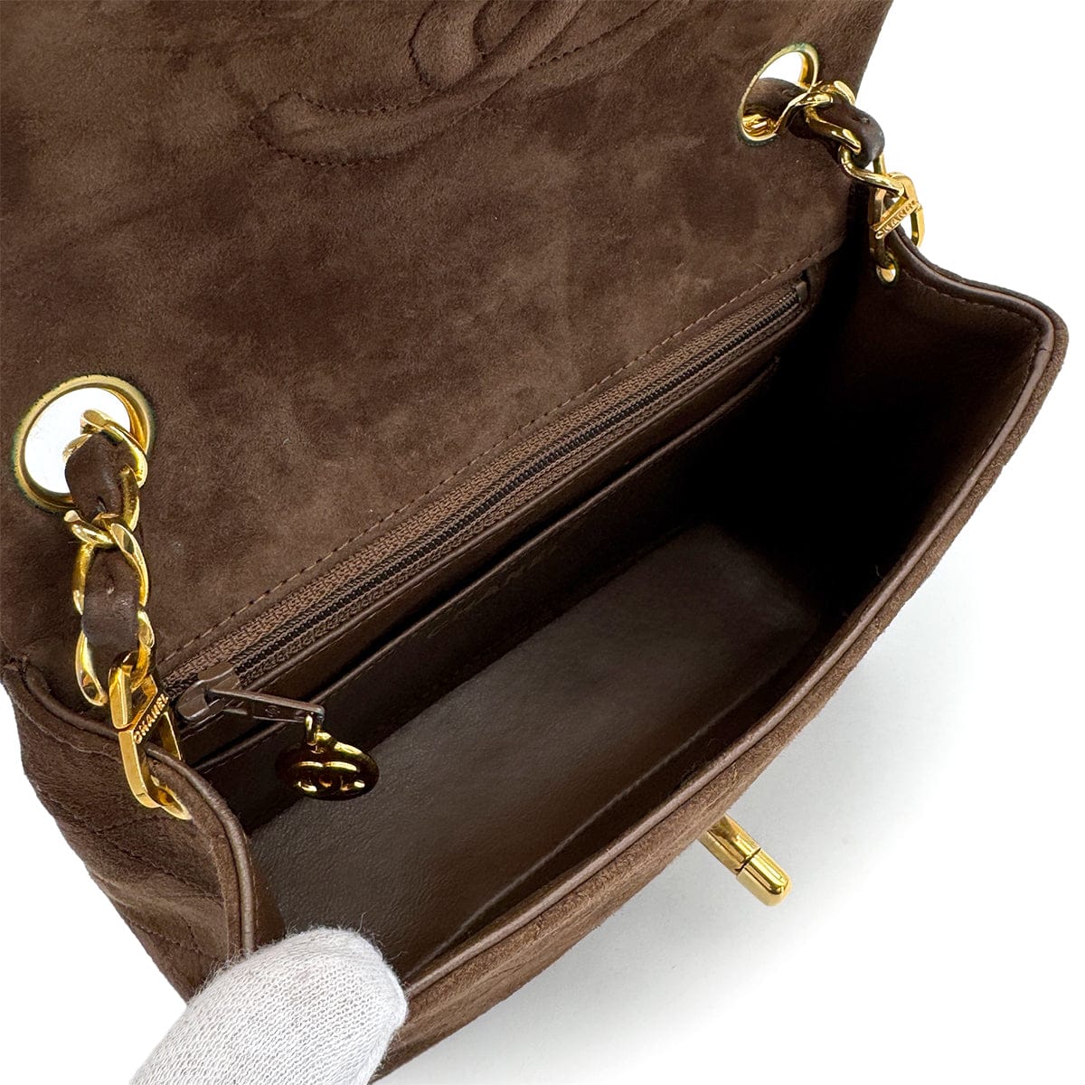 Luxury Promise Japan VINTAGE CHANEL MINI SQUARE 17 CHAIN SHOULDER BAG BROWN SUEDE GOLD HARDWARE 90317920