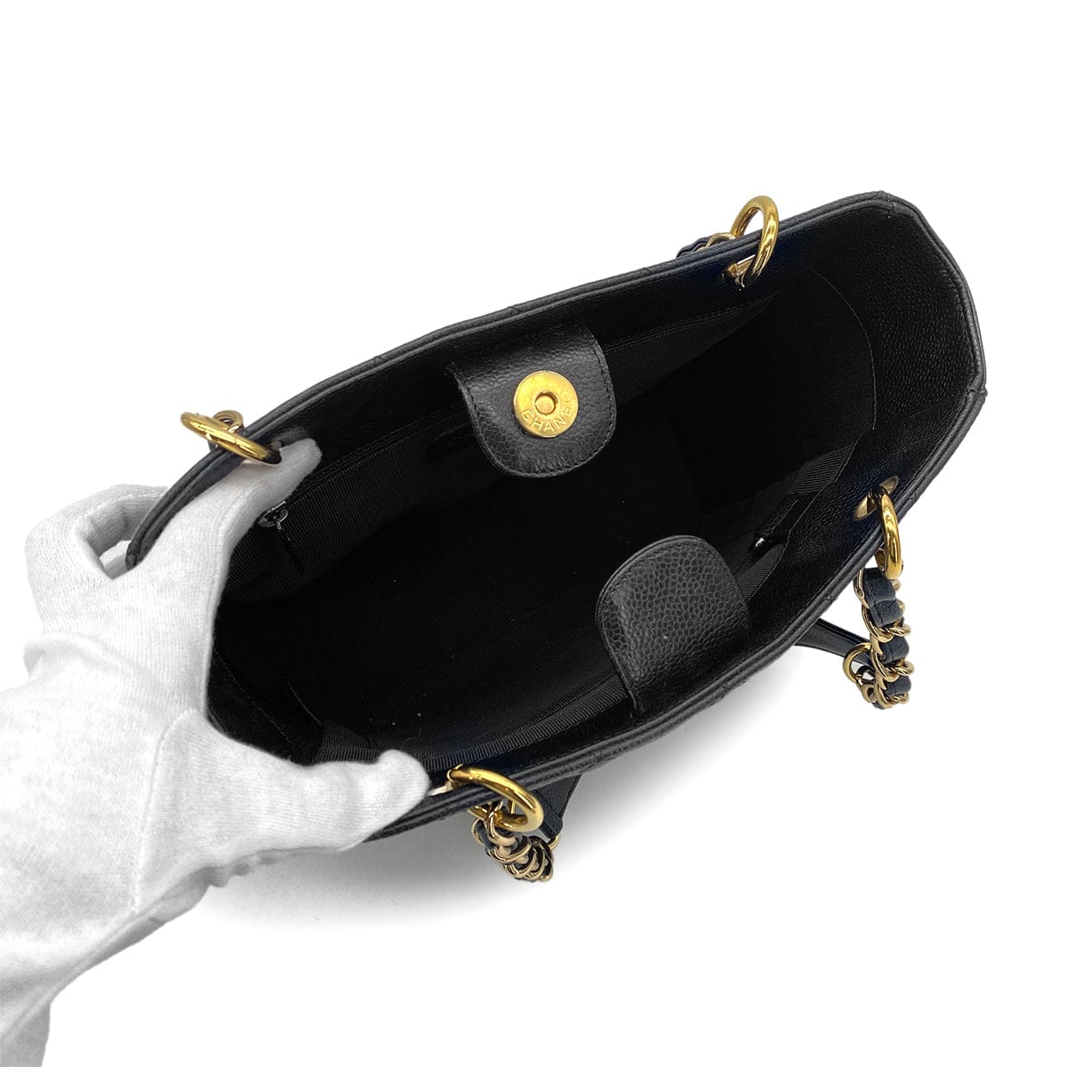 Luxury Promise Japan VINTAGE CHANEL PST CHAIN TOTE BAG BLACK CAVIAR SKIN GOLD HARDWARE 90321624