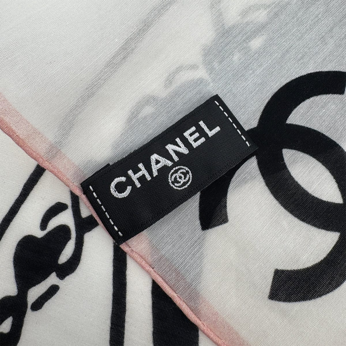 Luxury Promise Japan VINTAGE CHANEL SCARF CAMELLIA COCOMARK MADEMOISELLE  BLACK WHITE COTTON SILK 90321176