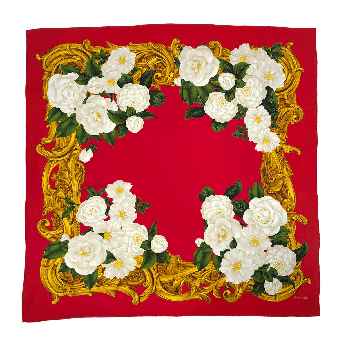 Luxury Promise Japan VINTAGE CHANEL SCARF CAMELLIA WHITE RED SILK 90318640