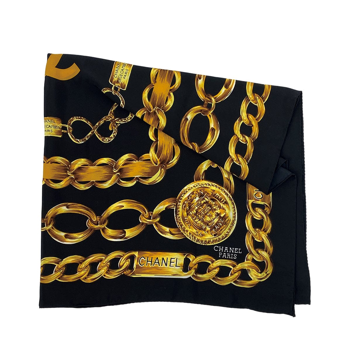 Luxury Promise Japan VINTAGE CHANEL SCARF COCOMARK CHAIN MOTIF BLACK GOLD SILK 90311298
