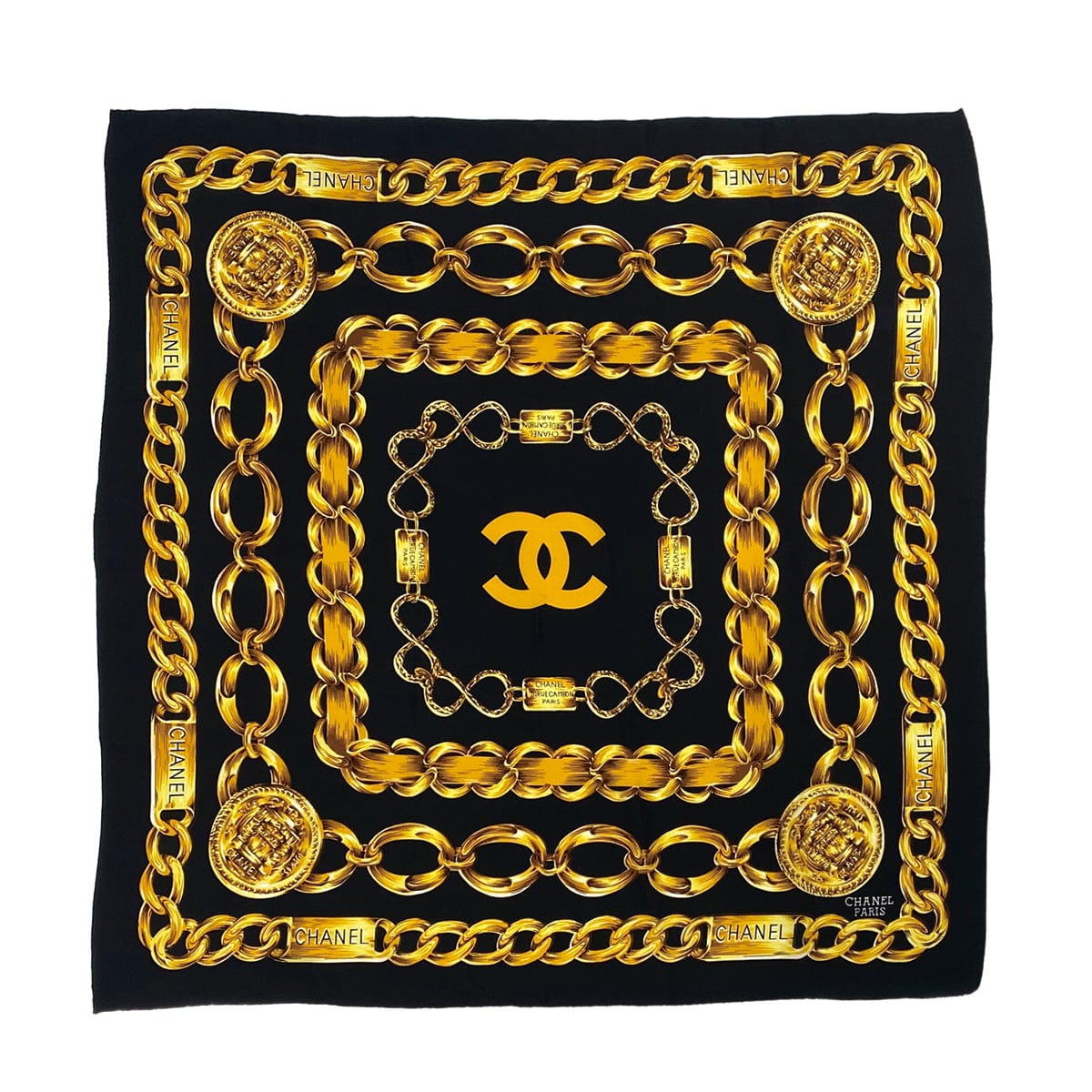 Luxury Promise Japan VINTAGE CHANEL SCARF COCOMARK CHAIN MOTIF BLACK GOLD SILK 90311298