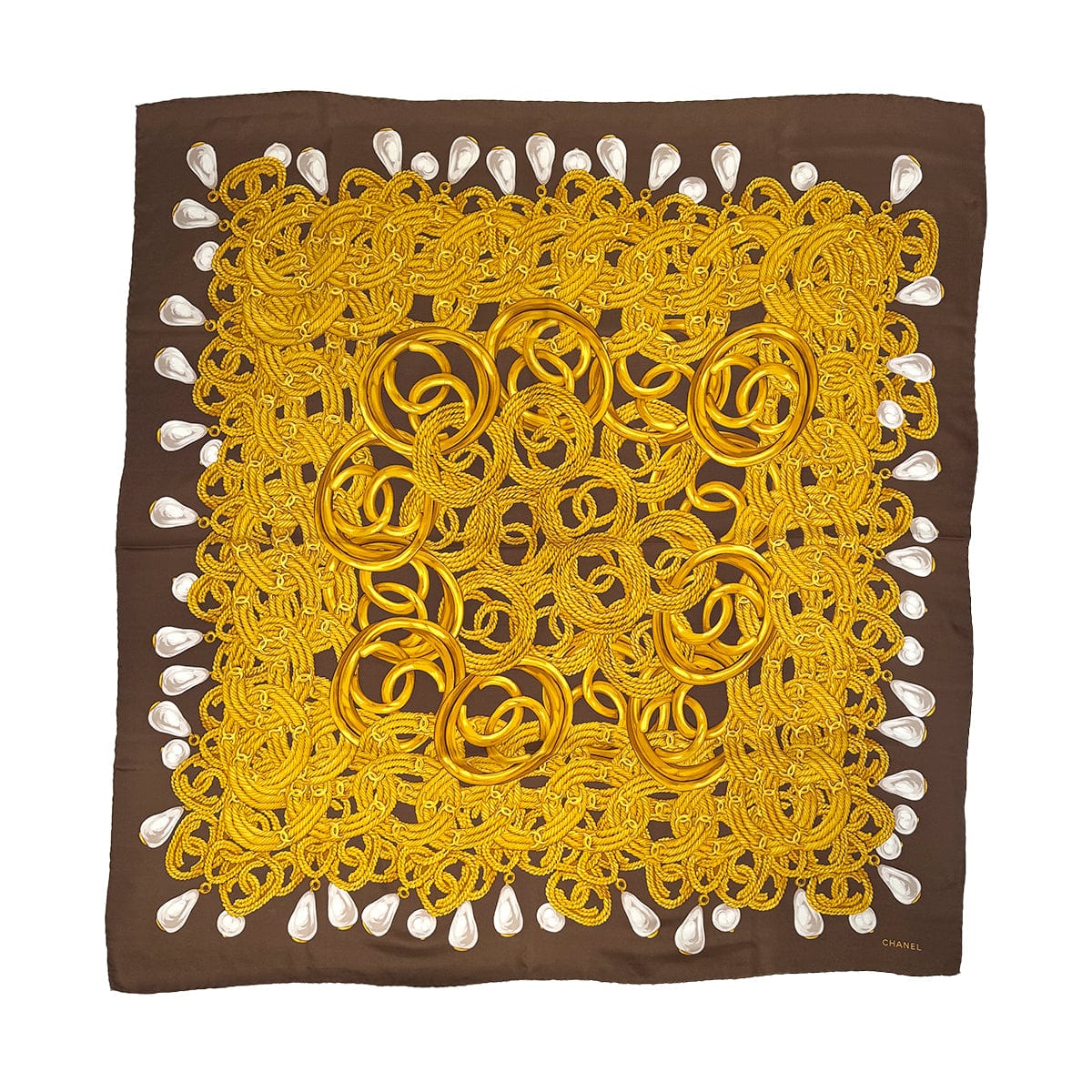 Luxury Promise Japan VINTAGE CHANEL SCARF COCOMARK CHAIN PATTERN BROWN YELLOW SILK 90318643