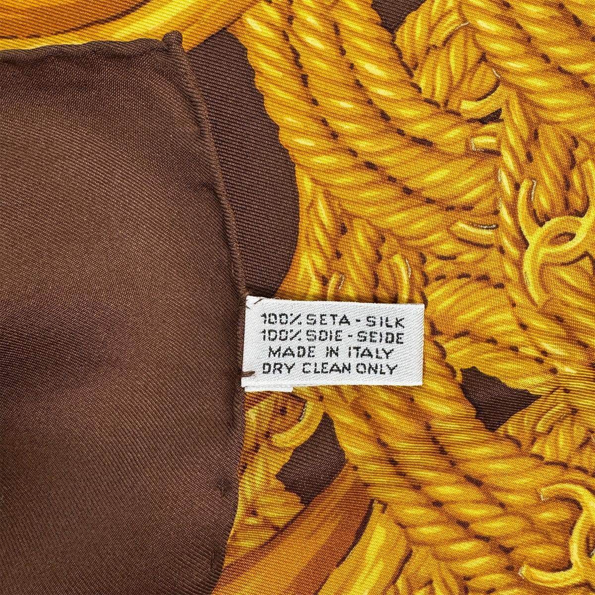 Luxury Promise Japan VINTAGE CHANEL SCARF COCOMARK CHAIN PATTERN BROWN YELLOW SILK 90318643