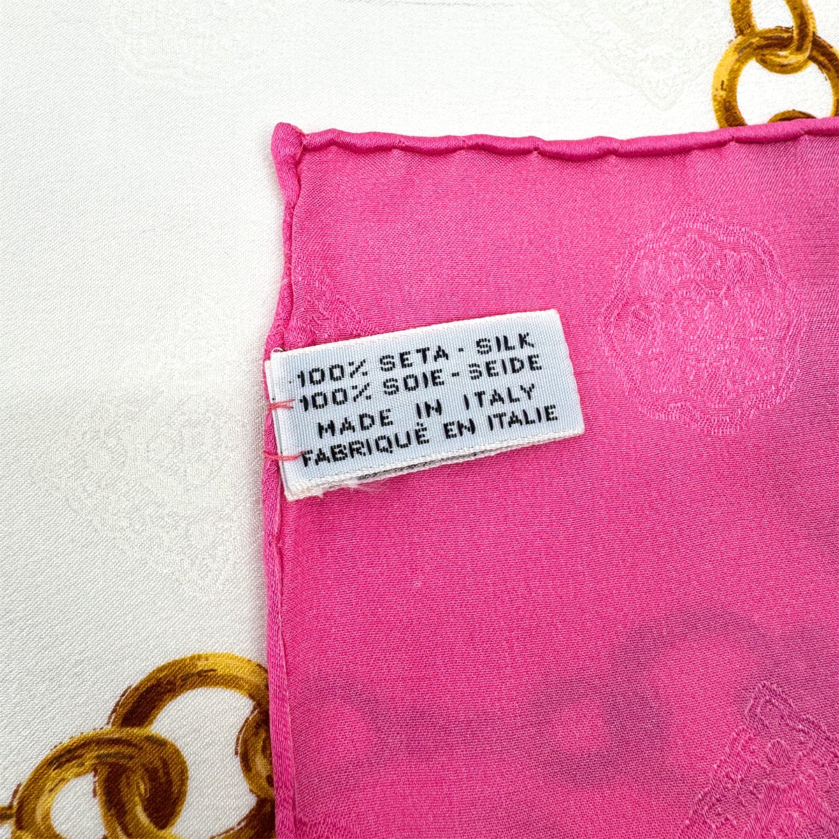 Luxury Promise Japan VINTAGE CHANEL SCARF COCOMARK CHAIN PATTERN PINK WHITE GOLD SILK 90319679
