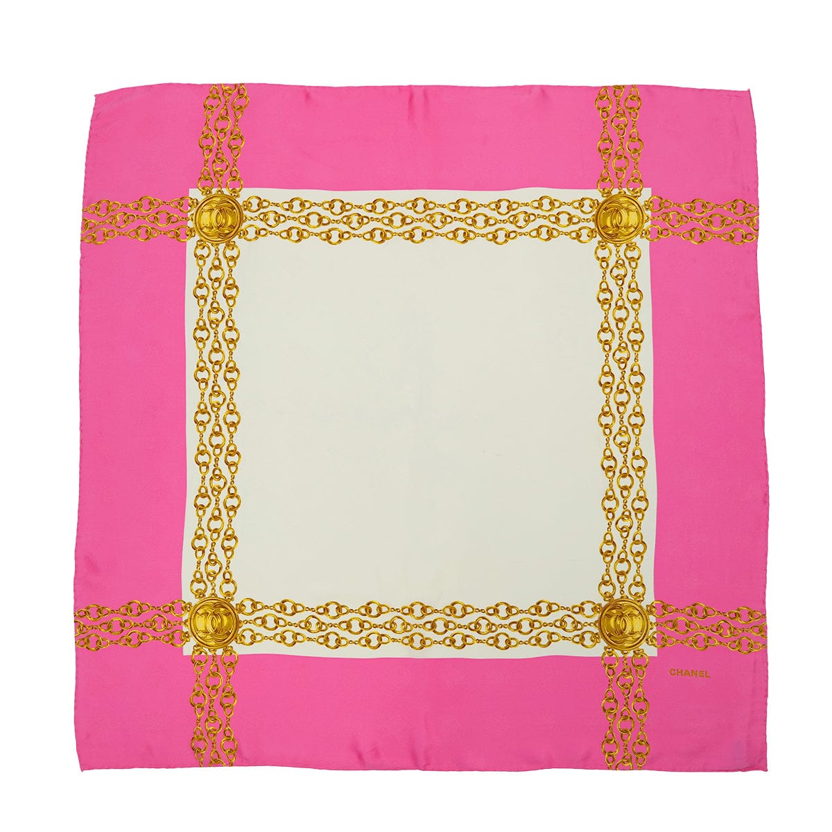 Luxury Promise Japan VINTAGE CHANEL SCARF COCOMARK CHAIN PATTERN PINK WHITE GOLD SILK 90319679