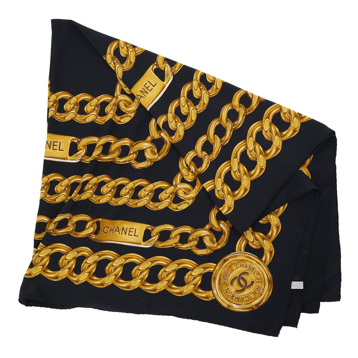 luxury promise japan VINTAGE CHANEL SCARF LOGO CHAIN PATTERN BLACK GOLD SILK 90319715