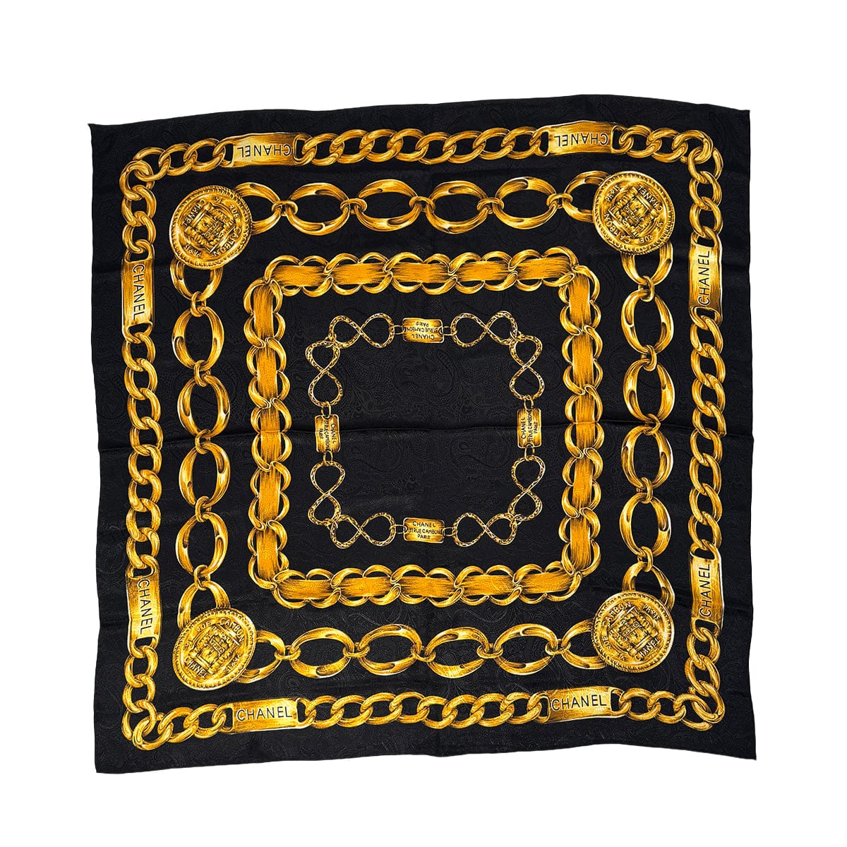Luxury Promise Japan VINTAGE CHANEL SCARF LOGO CHAIN PATTERN BLACK YELLOW SILK 90318282