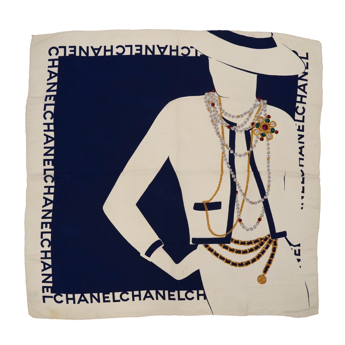 Luxury Promise Japan VINTAGE CHANEL SCARF MADEMOISELLE LOGO NAVY SILK 90321122