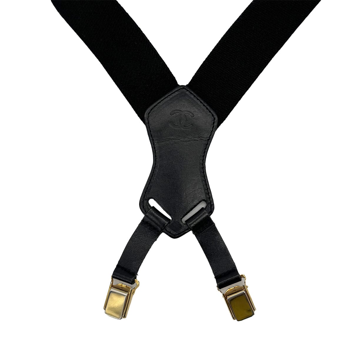 Luxury Promise Japan VINTAGE CHANEL SUSPENDER LOGO BLACK WHITE CANVAS LEATHER 90311994