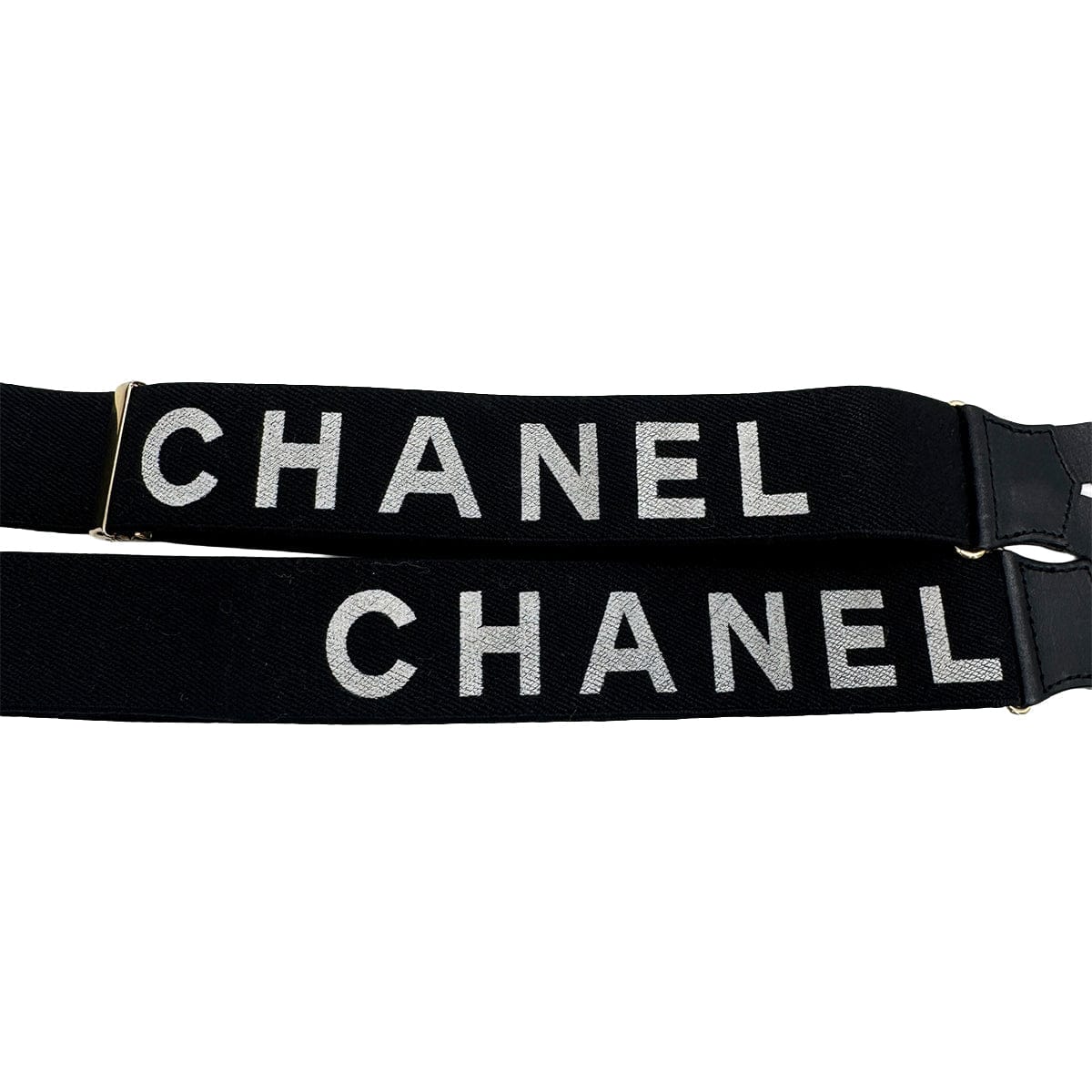 Luxury Promise Japan VINTAGE CHANEL SUSPENDER LOGO BLACK WHITE CANVAS LEATHER 90311994