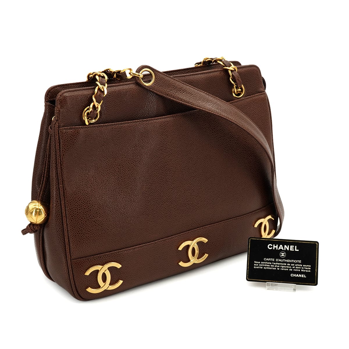 Luxury Promise Japan VINTAGE CHANEL TRIPLE COCO CHAIN SHOULDER BAG BROWN CAVIAR SKIN GOLD HARDWARE 90333760