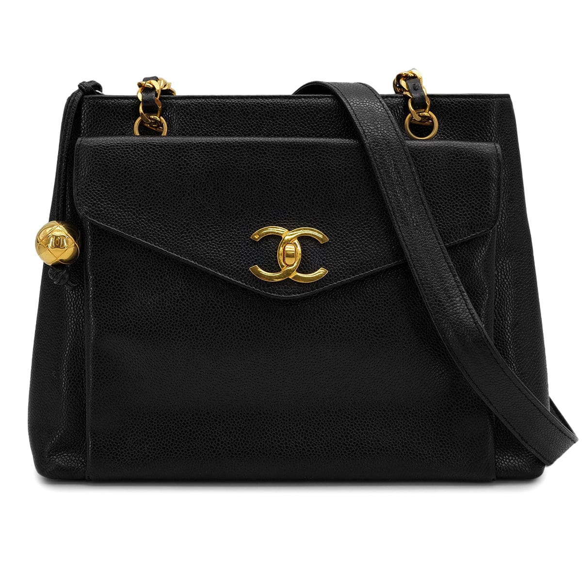 Luxury Promise Japan VINTAGE CHANEL TURN LOCK CHAIN TOTE BAG BLACK CAVIAR SKIN GOLD HARDWARE 90314371