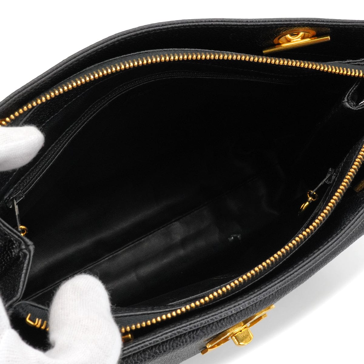 Luxury Promise Japan VINTAGE CHANEL TURN LOCK CHAIN TOTE BAG BLACK CAVIAR SKIN GOLD HARDWARE 90340502