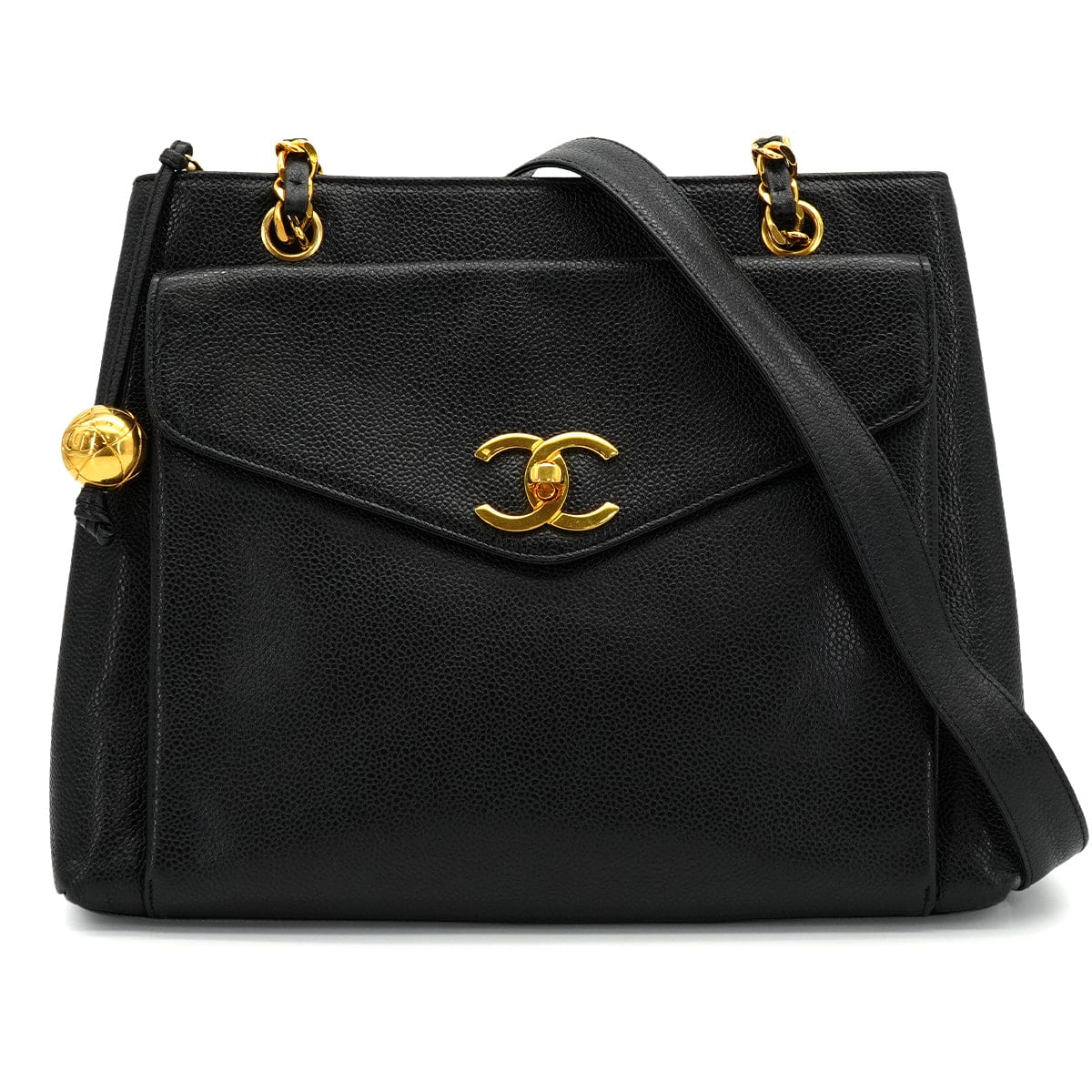 Luxury Promise Japan VINTAGE CHANEL TURN LOCK CHAIN TOTE BAG BLACK CAVIAR SKIN GOLD HARDWARE 90340502