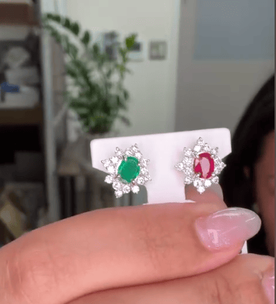 Luxury Promise 0.394ct Emerald & 0.56ct Ruby with D0.78ct Earrings in PT 3.7g / JH5055 JJC1163