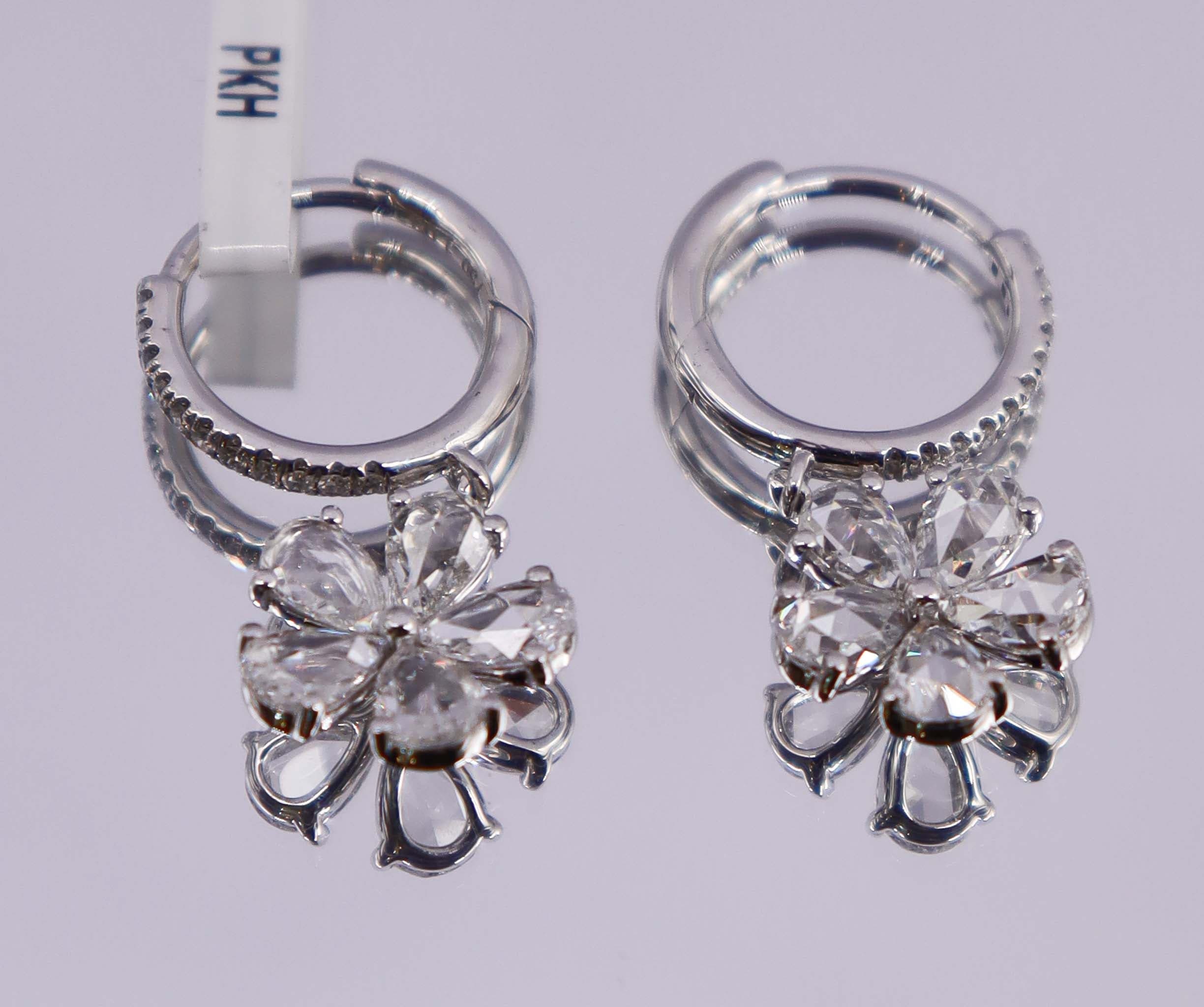 Luxury Promise 1.03ct Rose Cut Diamond Daisy Hoop Earrings White Gold E7766