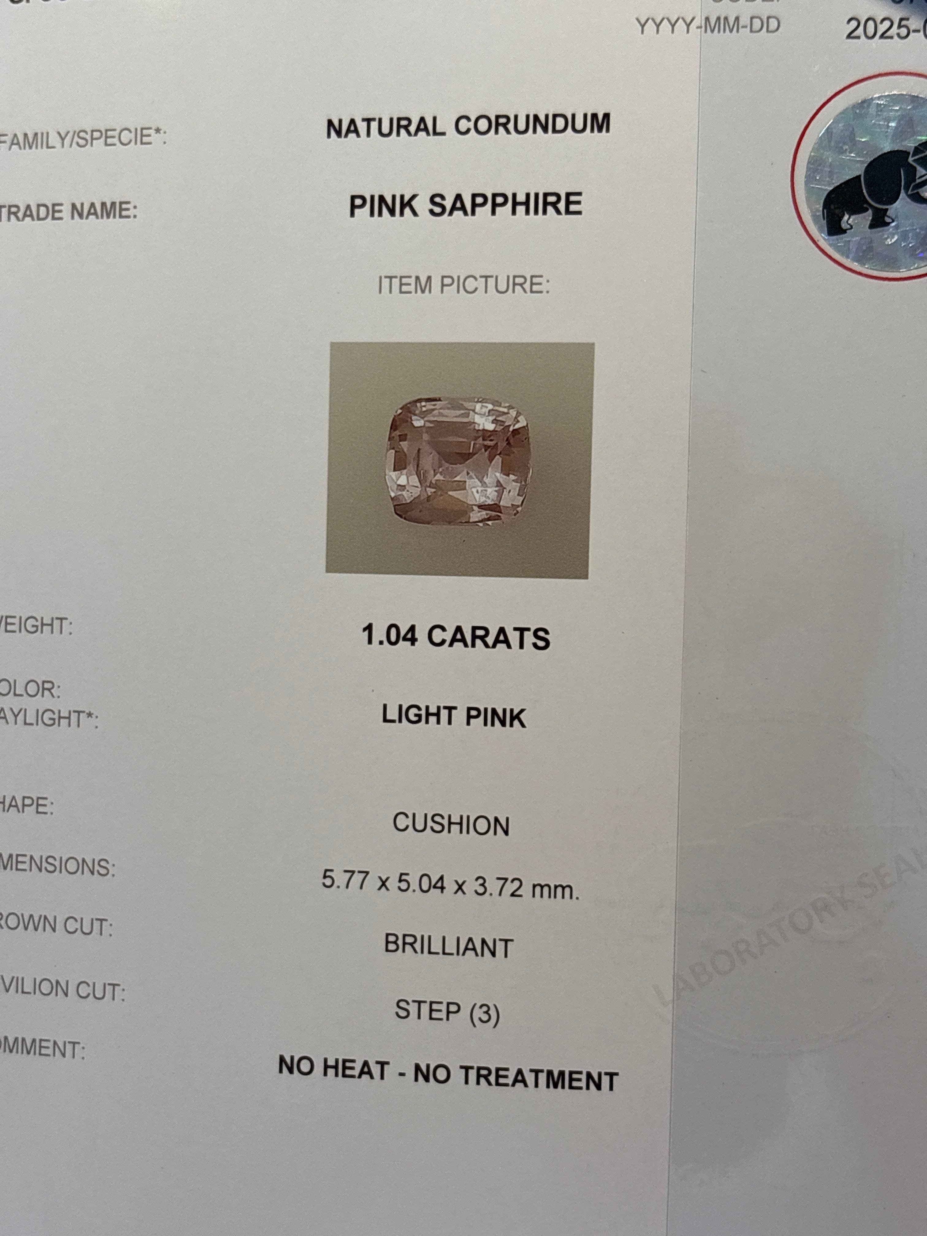 Luxury Promise 1.04ct Cushion Pastel Pink Sapphire with Lab Report (No heat) DXBCD0741